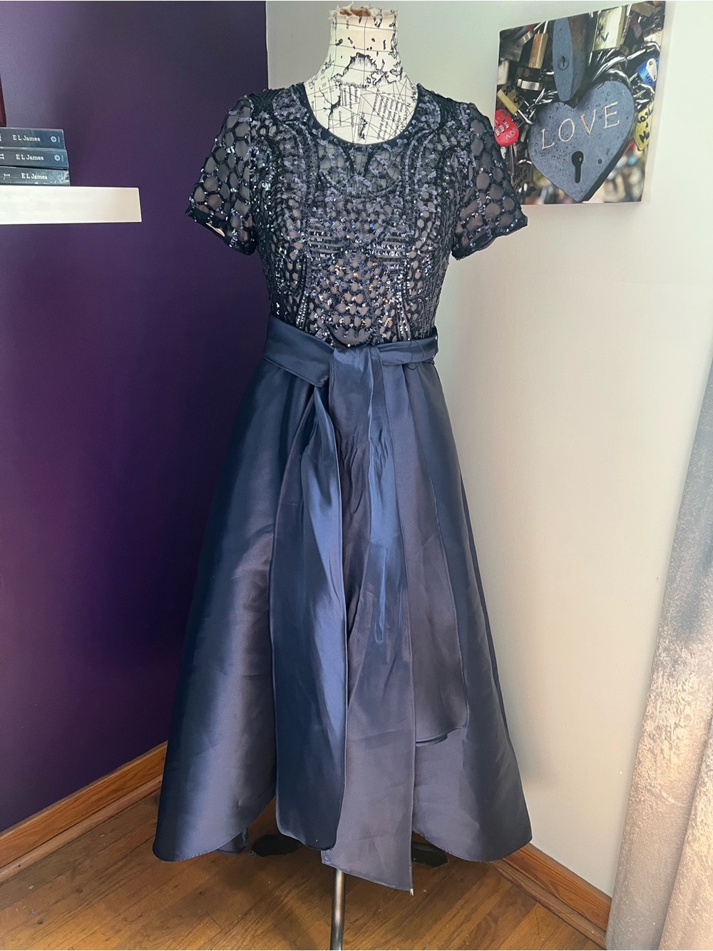 R&M Richards Navy Beaded Short-Sleeve Beaded Mother of Bride Dress